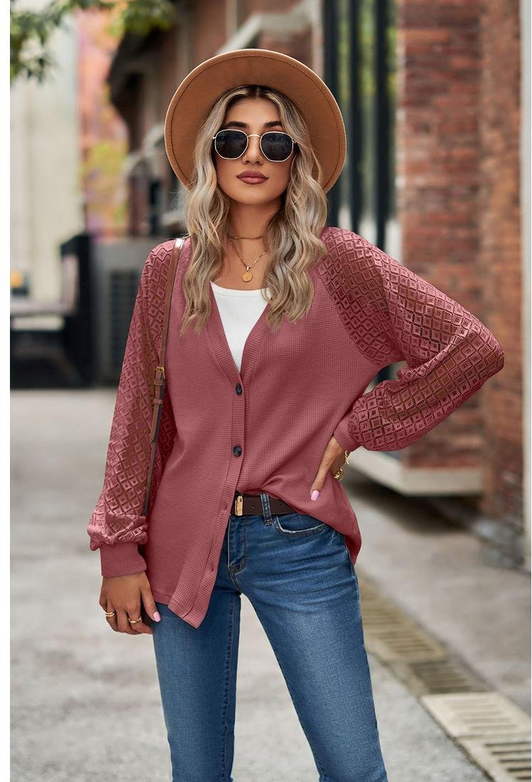 Thumbnail - Azura Exchange Damen Strick-Spitzen Cardigan mit Knöpfen in Rot