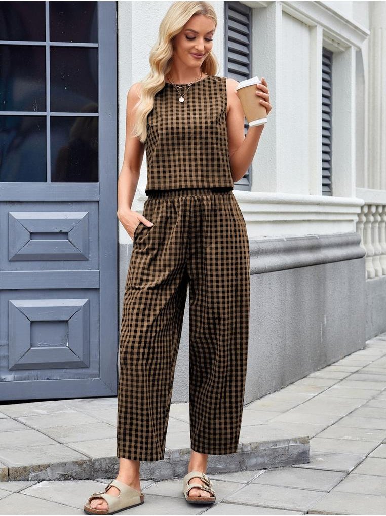 Thumbnail - Kariertes armelloses Oberteil und Hose Zweiteiliges Set mit Taschen