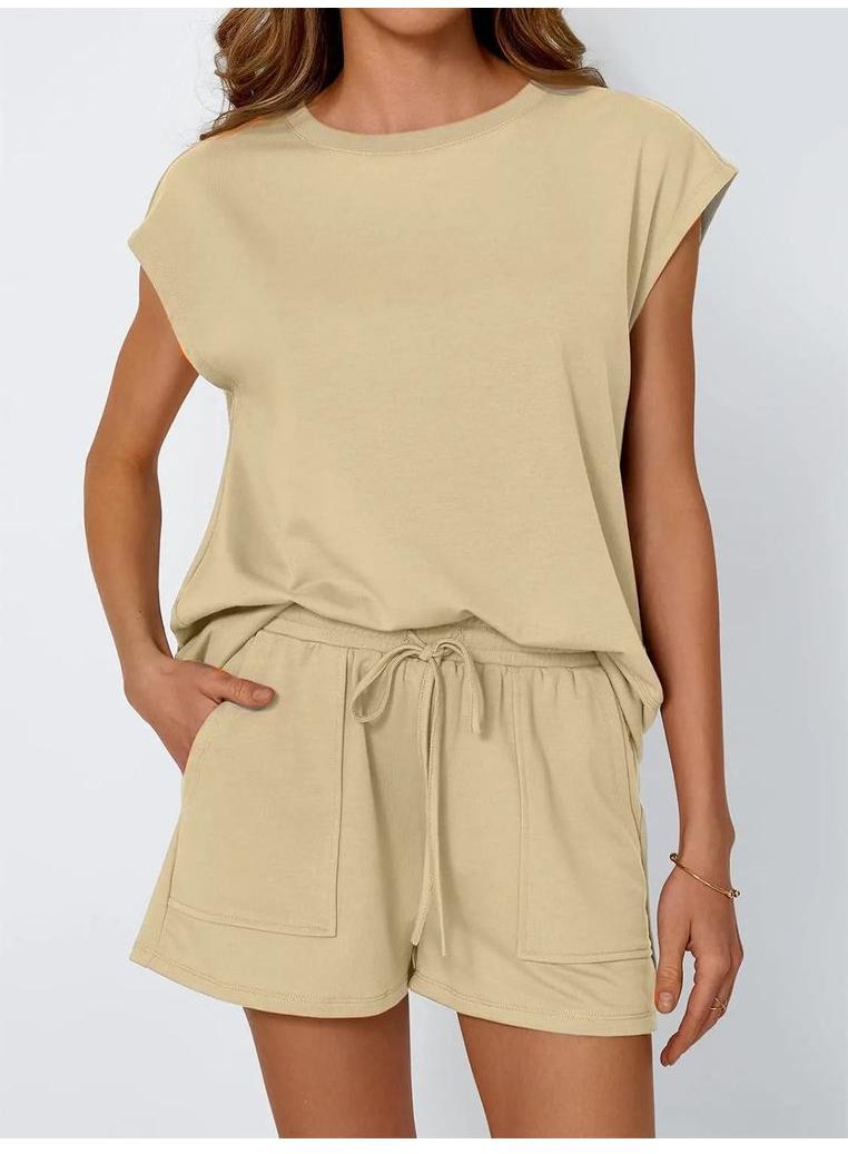 Damen Rundhals T-Shirt mit kurzen Ärmeln und Shorts Set