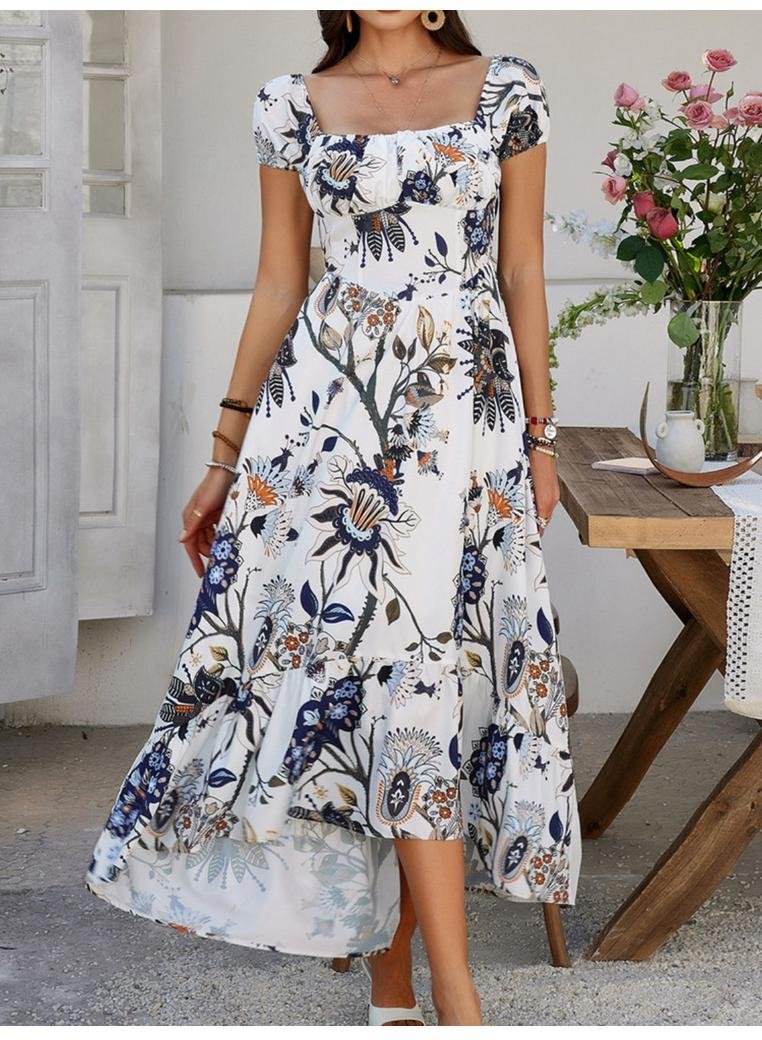 Thumbnail - Damen Devine Gerafftes Bedrucktes Maxi-Kleid mit kurzen Ärmeln