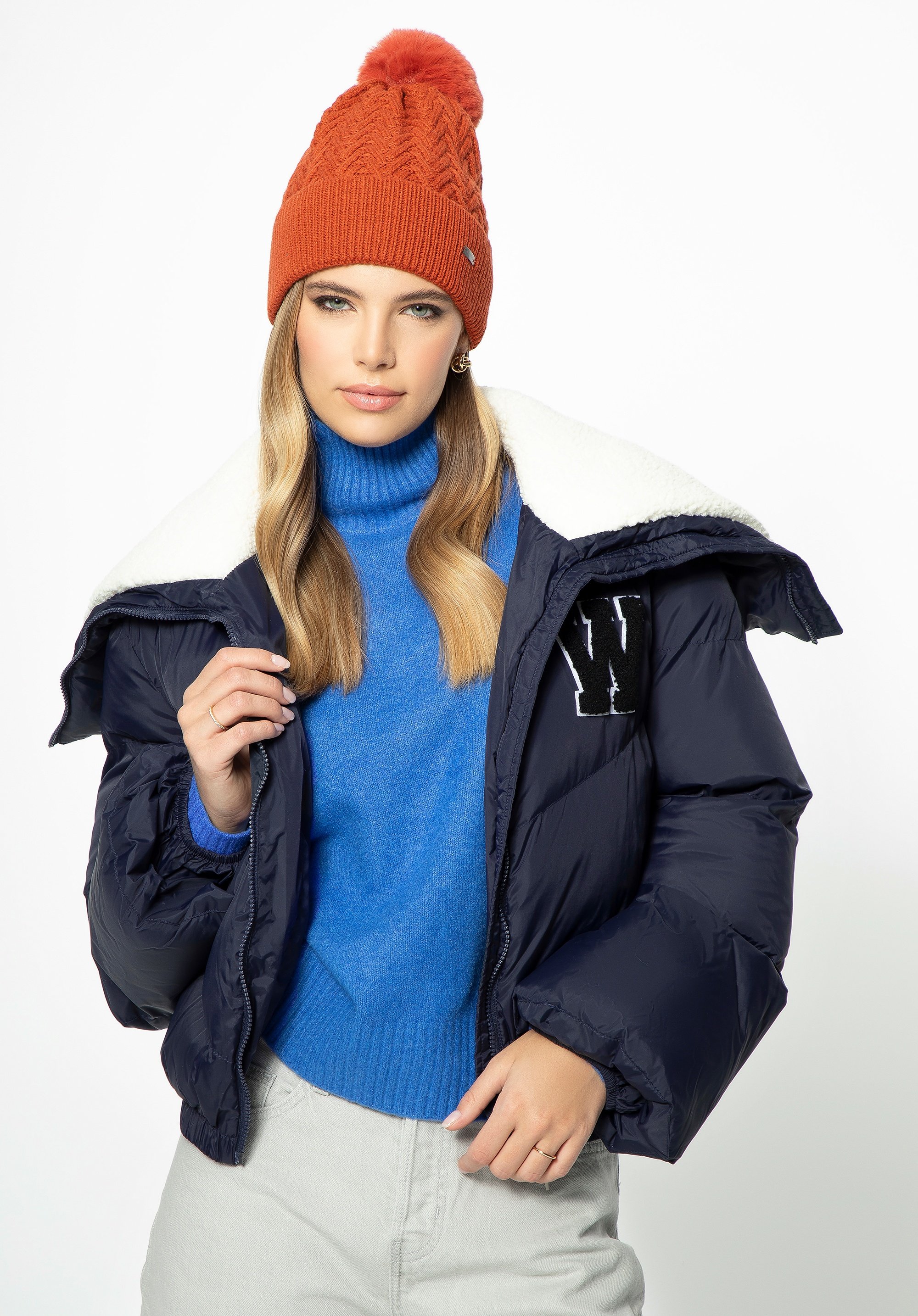 Wittchen Damen-Oversize-Jacke mit Kragen aus Kunstlammfell, marineblau