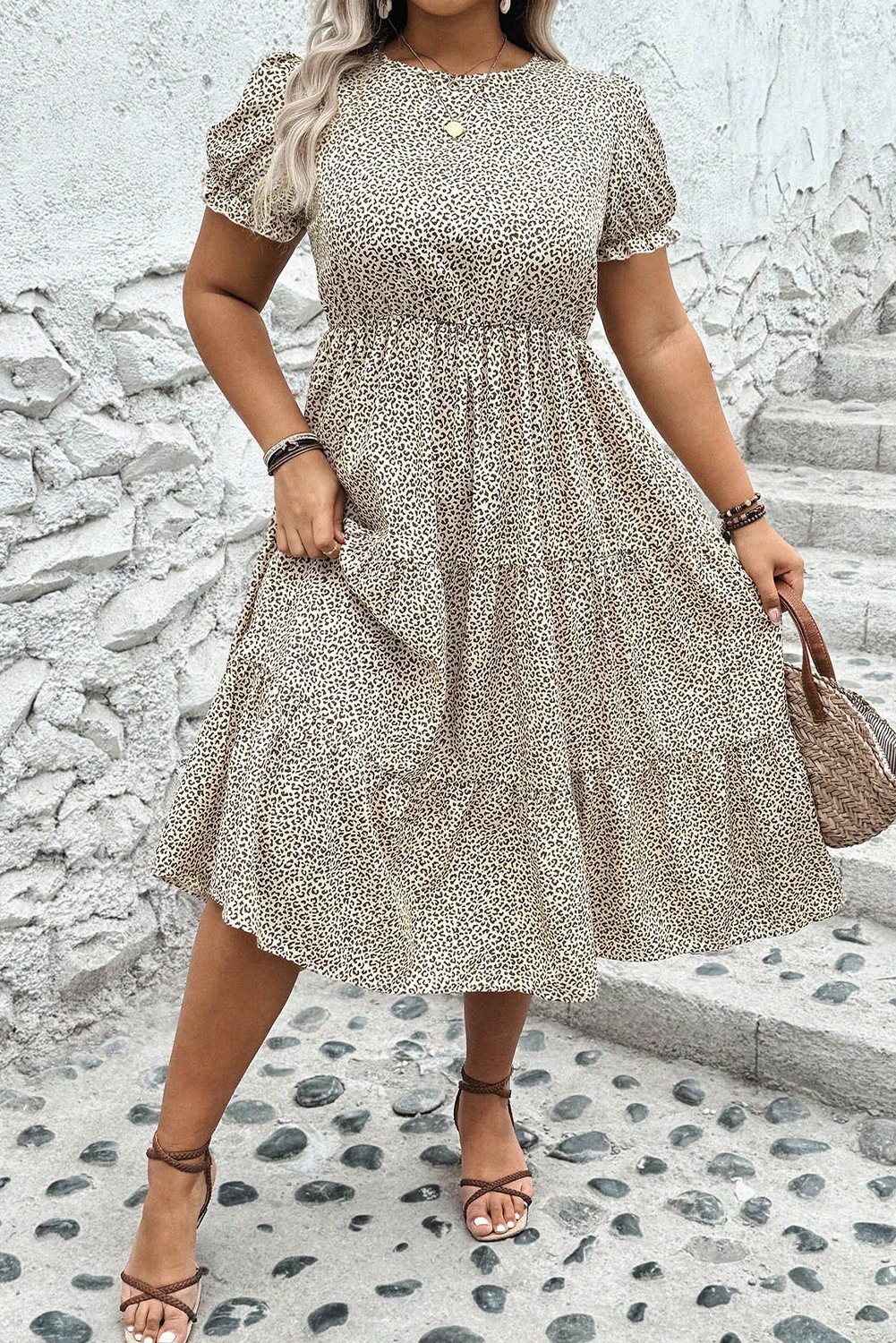 Beige Plus Size Leopardenmuster Frill Trim Kurzarm Ausgestellt Kleid