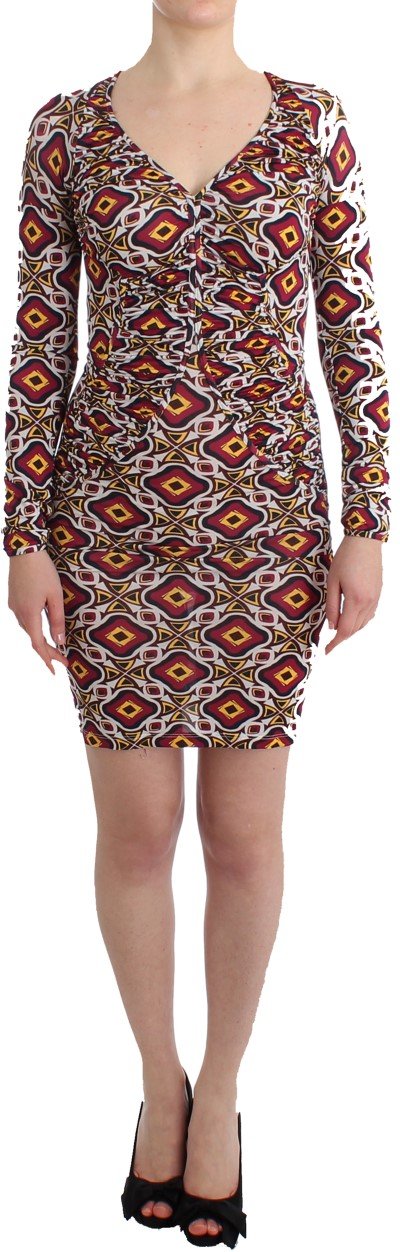 Geometrisches Druck-Minikleid mit langen Ärmeln und V-Ausschnitt