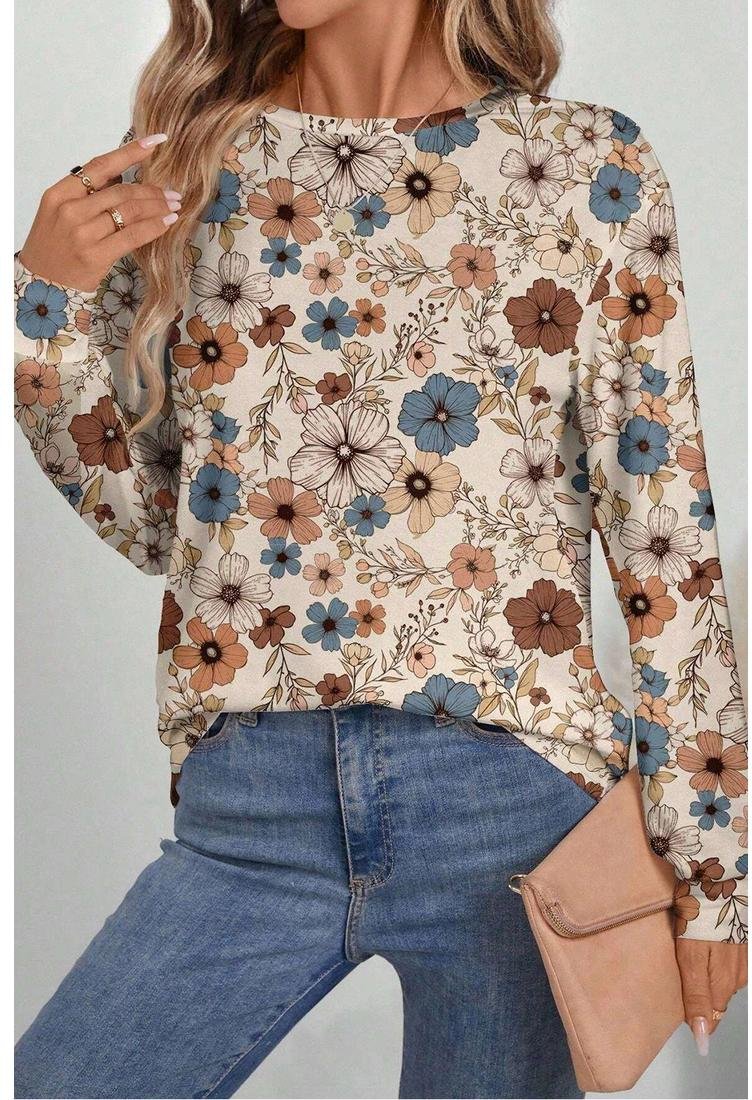 Thumbnail - Azura Exchange Khaki Blumendruck Lockeres Crew-Neck Langarm-T-Shirt