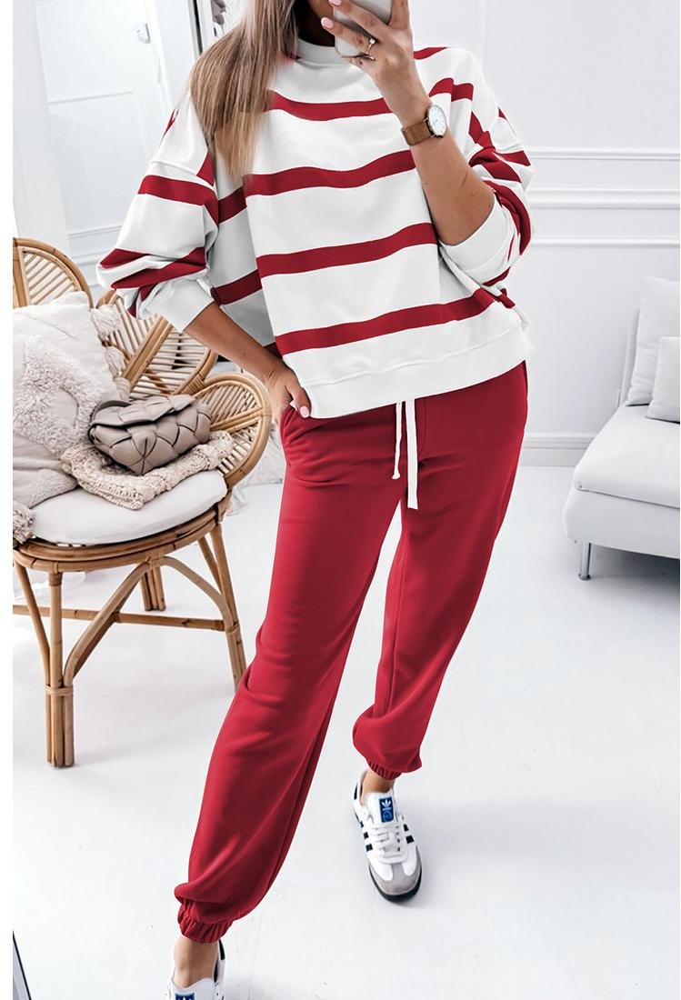 Thumbnail - Azura Exchange Roter Streifen Drop-Shoulder-Pullover und Jogginghose-Set