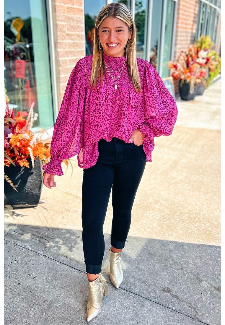 Thumbnail - Azura Exchange Rose Leopard Rüschenschlupfbluse mit Puffärmeln