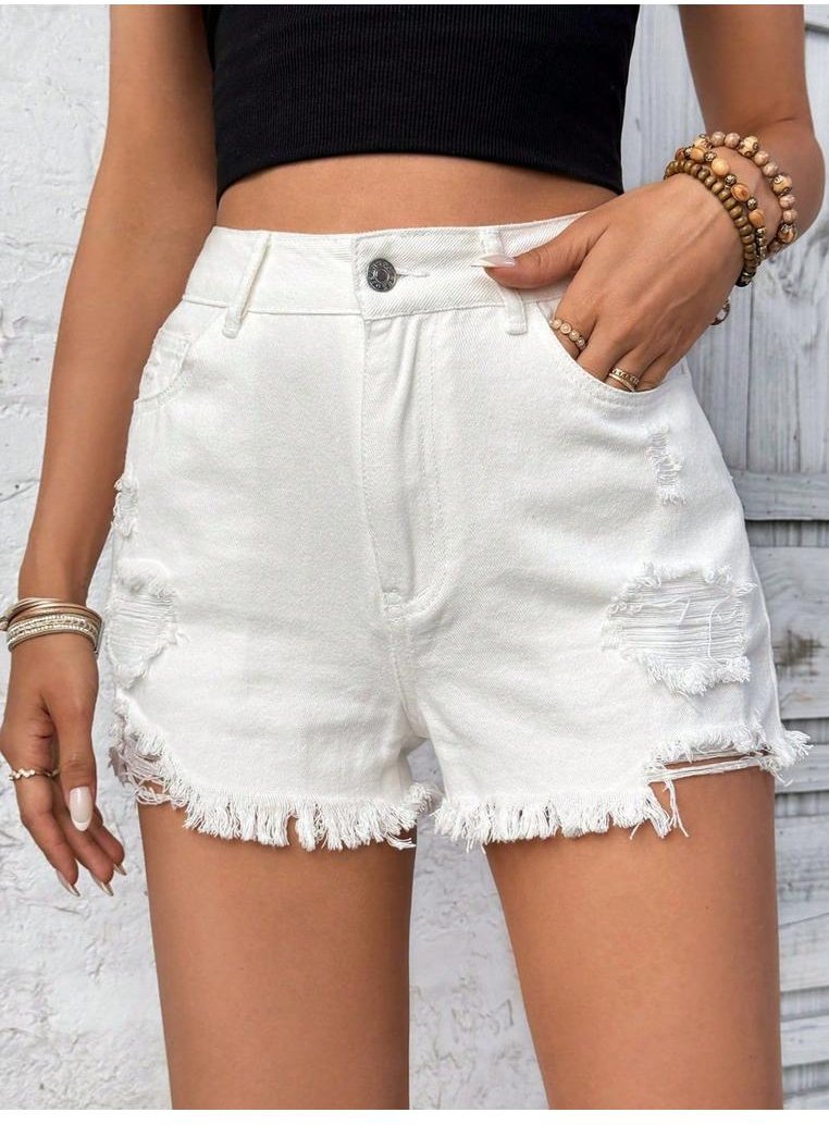 Denim-Shorts mit hohem Bund und Taschen im Used-Look mit rohem Saum