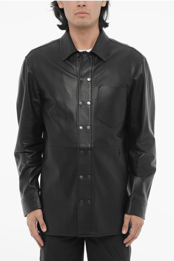Overshirt aus Leder und Baumwolle mit Knopfleiste vorne in Schwarz
