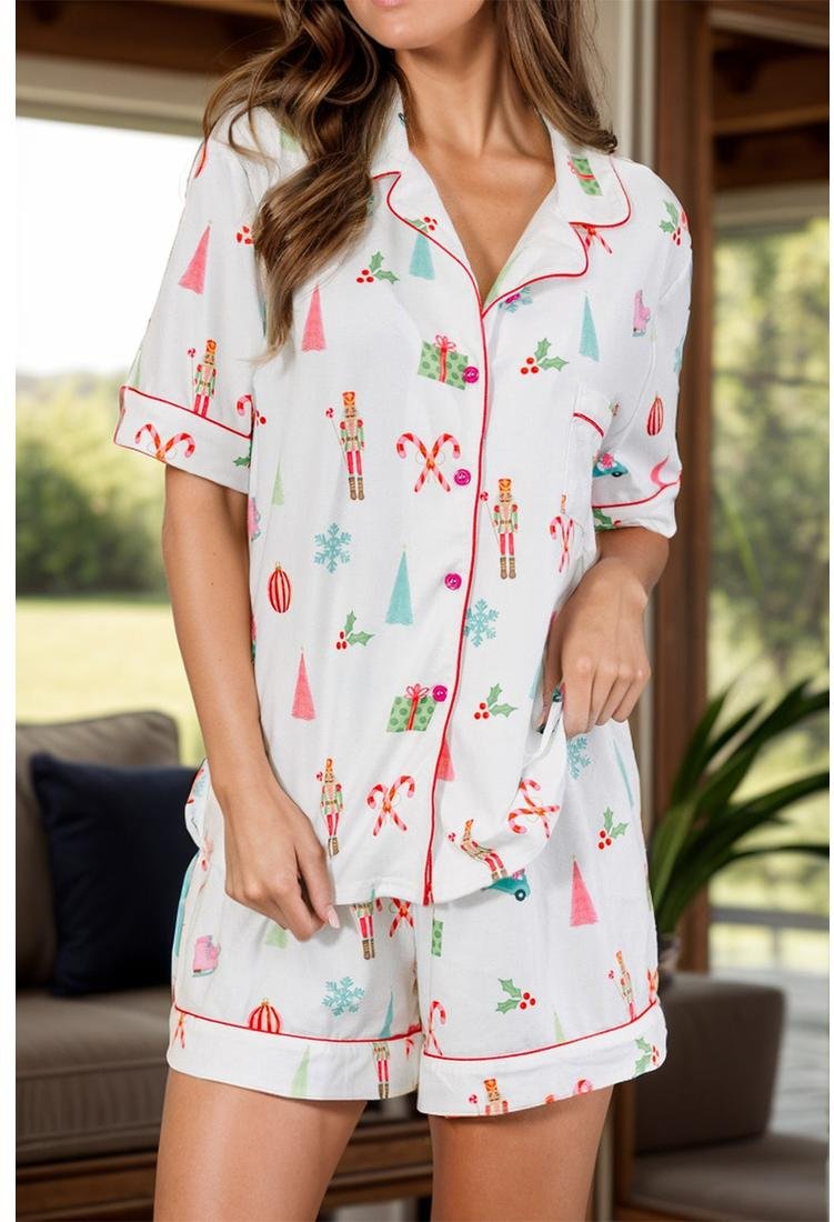Thumbnail - Damen Bedrucktes Kurzarmoberteil und Shorts Lounge-Set