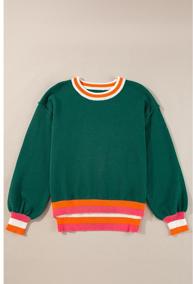 Thumbnail - Azura Exchange Schwarzgrün Farbblock gestreifter Besatz Drop-Shoulder-Pullover