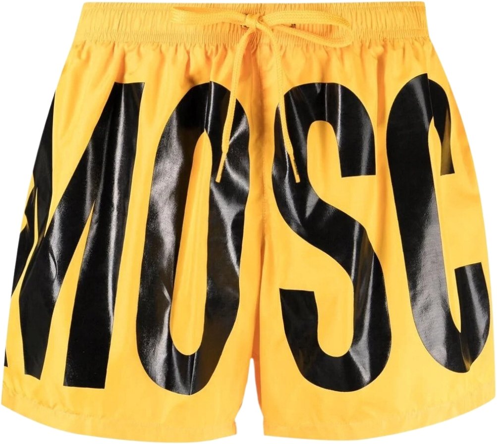 Kurze Badeshorts von Moschino in Schwarz mit kräftigem Logo-Print in leuchtendem Gelb