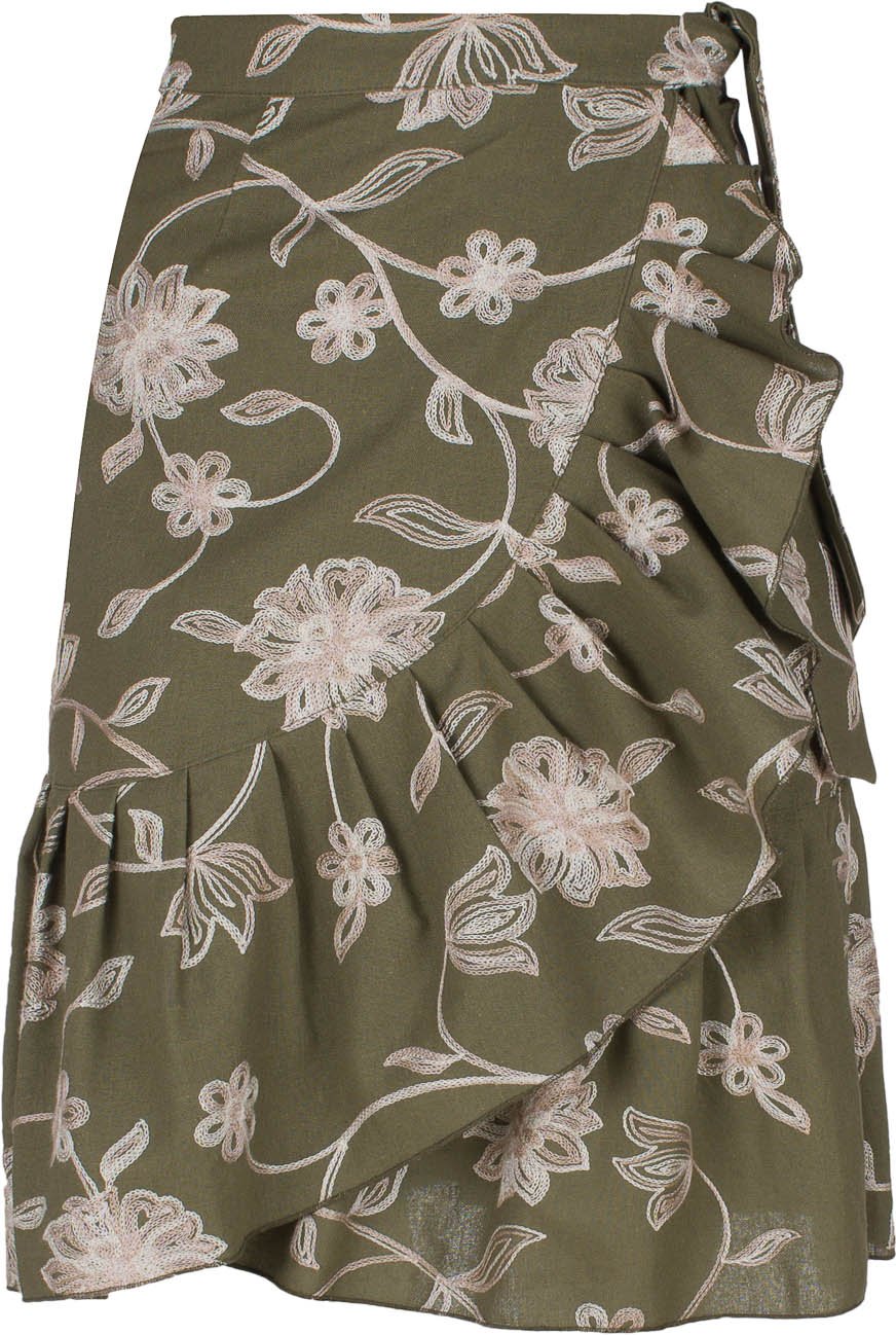 Olive Bestickter Floraler Wickelrock mit Rüschen