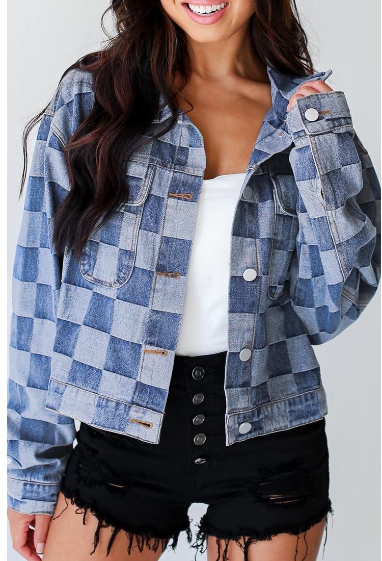 Thumbnail - Helleblaue karierte Patchwork-Denimjacke mit Knöpfen