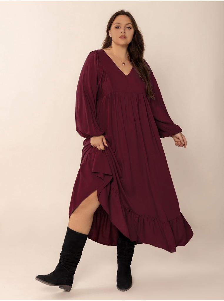 Thumbnail - Damen Plus Size Rüschen Saum V-Ausschnitt Ballonärmel Kleid