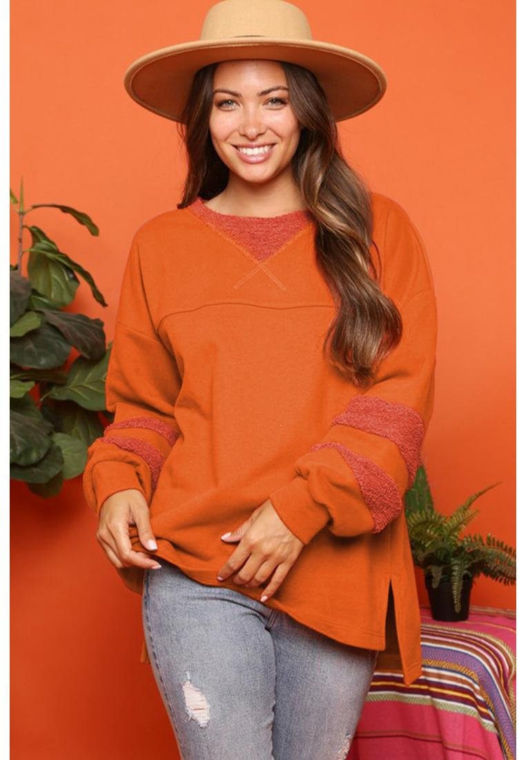 Thumbnail - Azura Exchange Karottenfleece Patchwork Sweatshirt mit hohen und niedrigen Schlitzen
