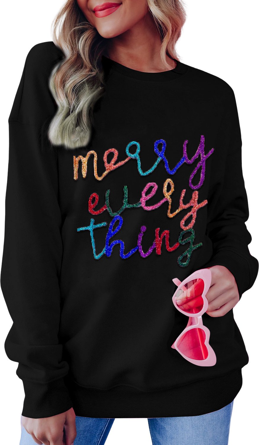 Schwarzes Merry Every Thing Glitter Slogan Sweatshirt