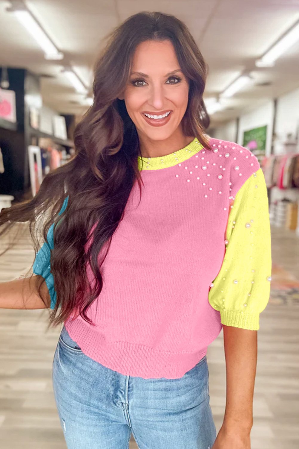 Farbenblock gestrickter Perlenpullover