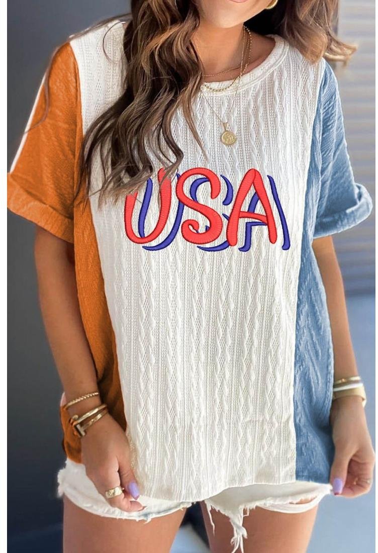 Thumbnail - Besticktes T-Shirt aus strukturiertem Zopfmuster aus Strick mit Bundchen und Manschetten im Farbblock-Stil