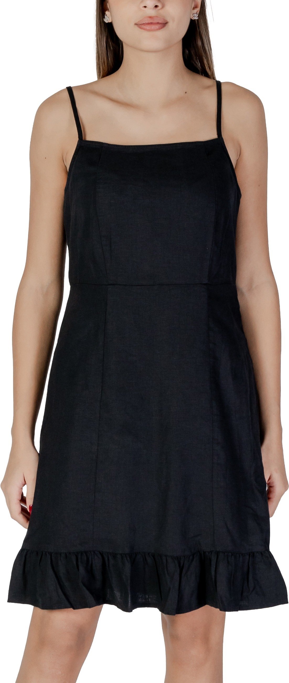 Schwarzes Mini-Kleid Ärmellos Rechteckiger Ausschnitt Rüschendetails