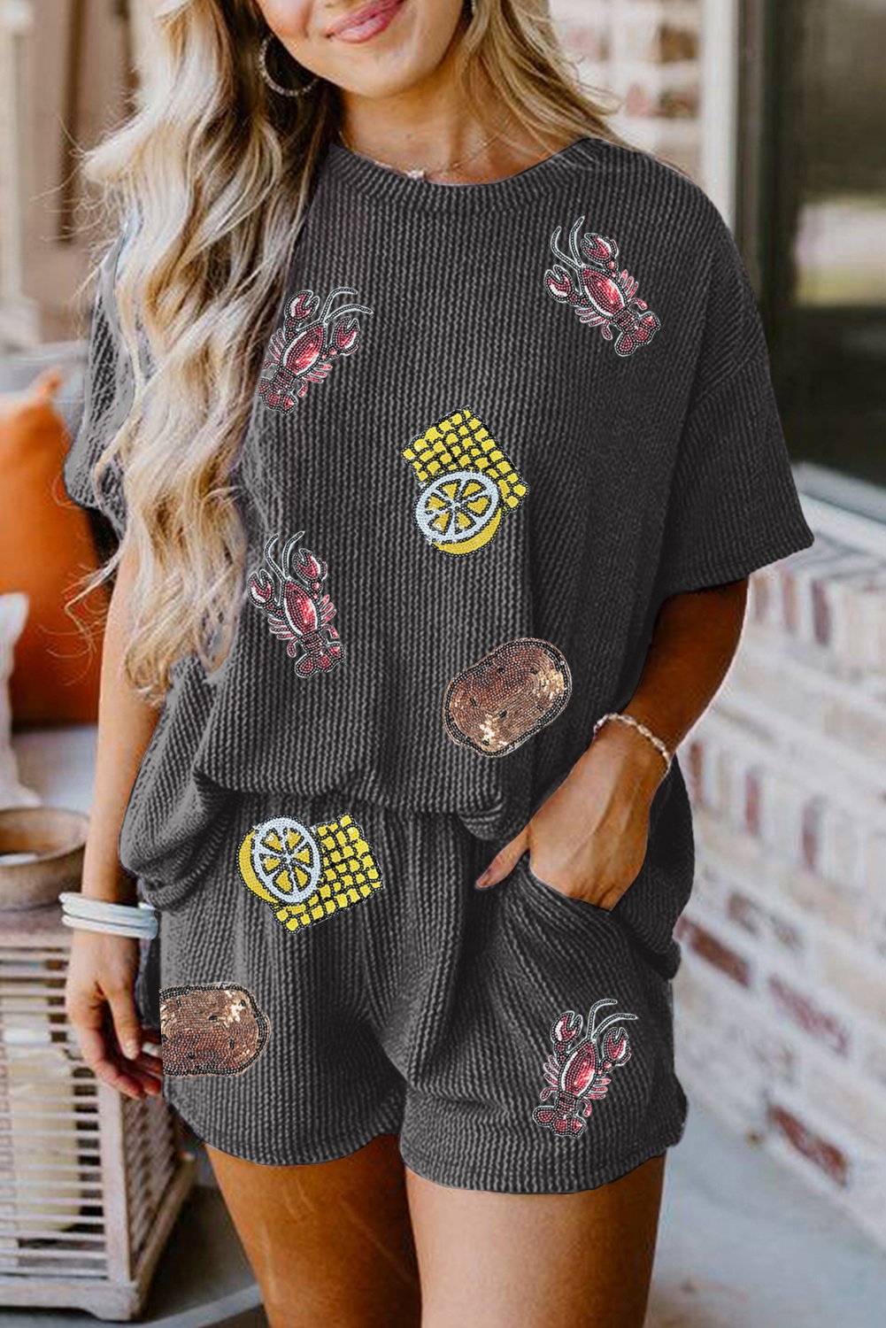 Pailletten-Applikationen Waffelstrick Shorts Set