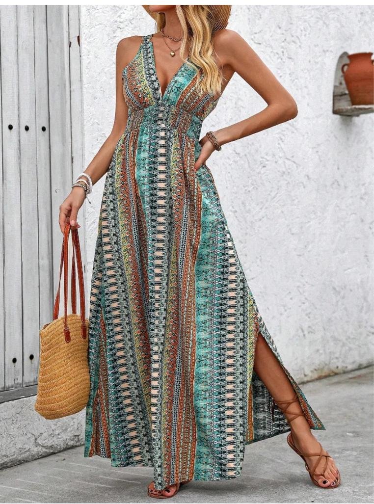 Thumbnail - Damen Kleid mit Rückenbindung, bedruckt, ärmellos, Maxi mit Schlitz