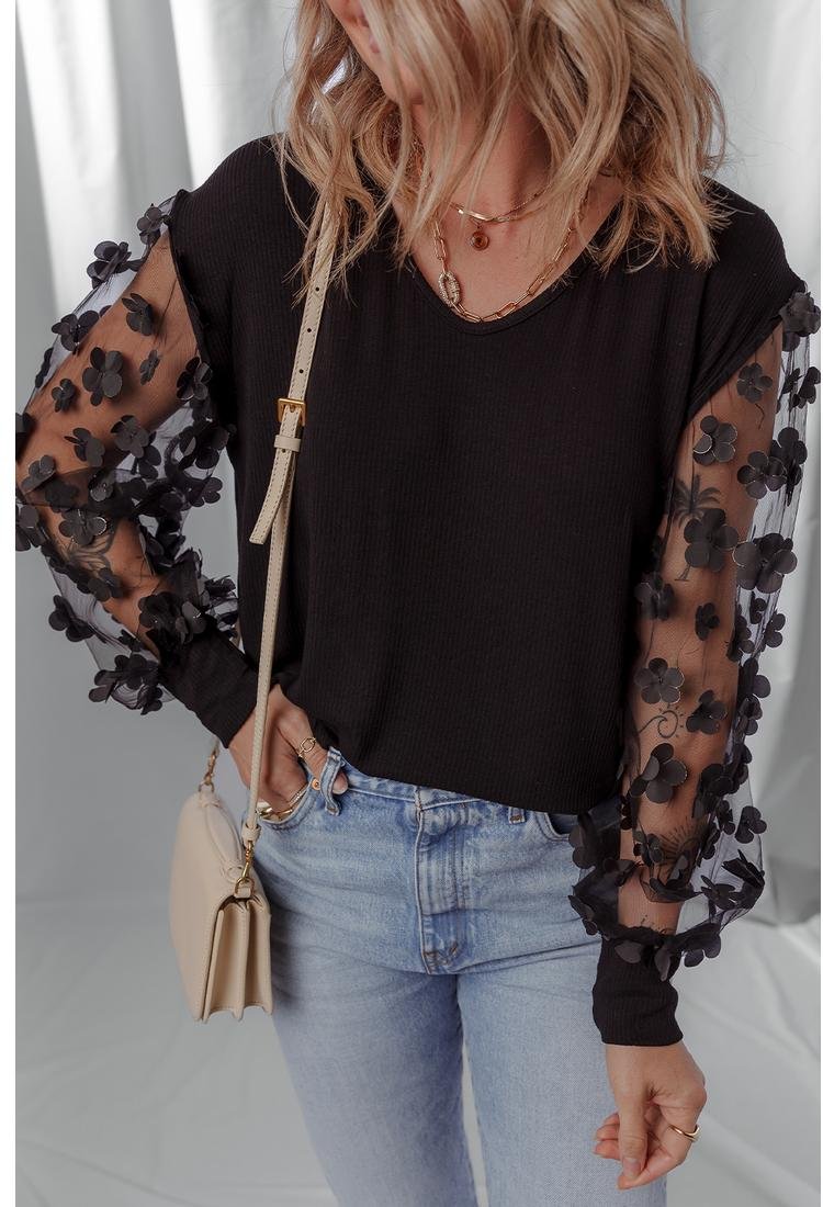 Thumbnail - Blumenapplikation V-Ausschnitt Langarmshirt