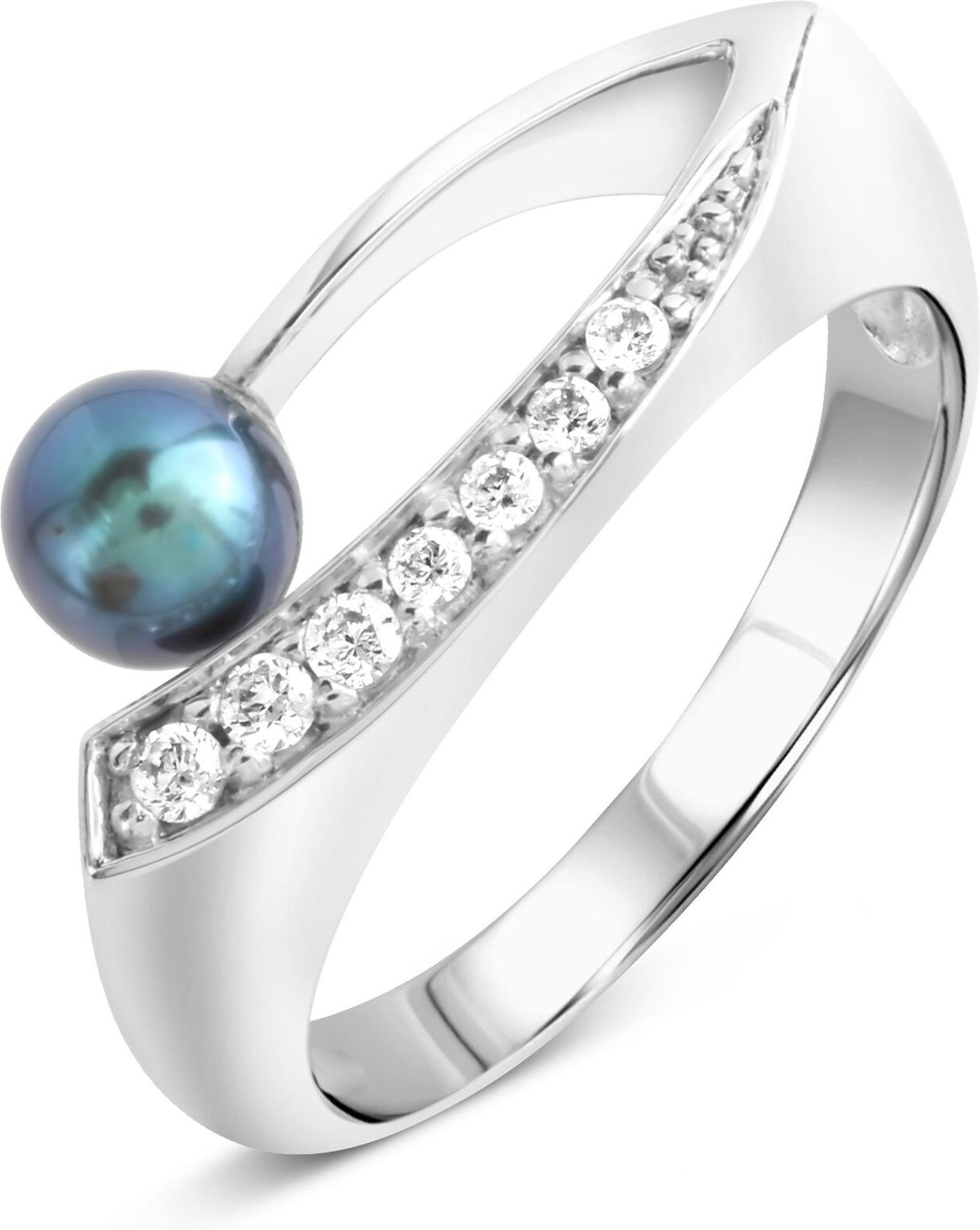 Zeeme Pearls Ring Silber 925 rhodiniert mit schwarzer Perle & Zirkonia weiß