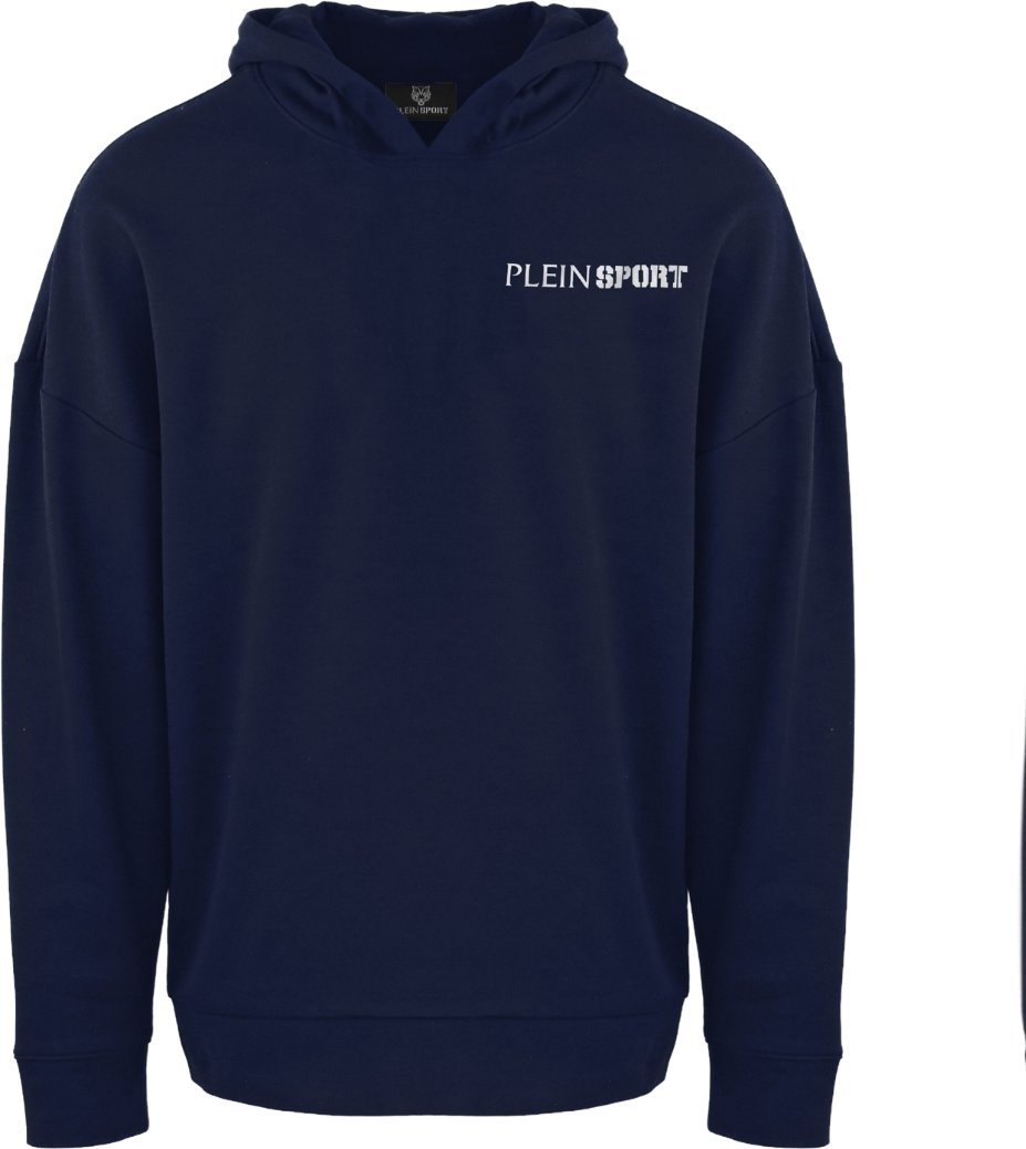Marineblauer Kapuzenpullover mit Block-Logo von Plein Sport auf der Brust