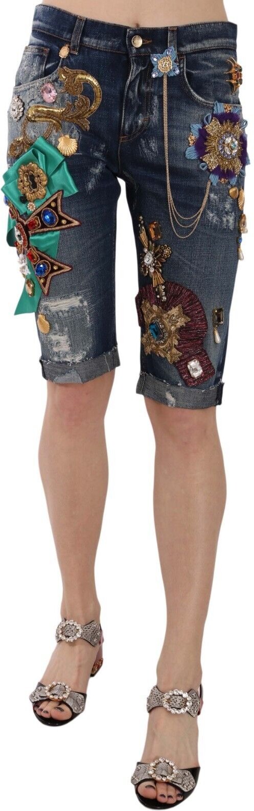 Dolce & Gabbana Damen Blue Denim Mid Waist Crystal Capri-Shorts