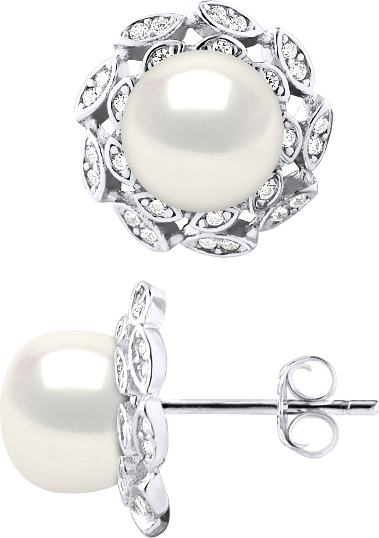 Ohrstecker FLOWER Perlen Süßwasser 8-9mm Weiß Knopfschmuck 925