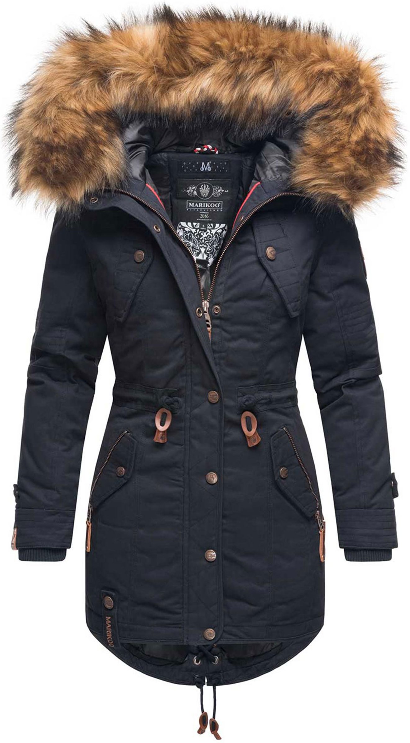 Marikoo Damen Winterjacke mit abnehmbarem Kunstfellkragen & Taillenzug