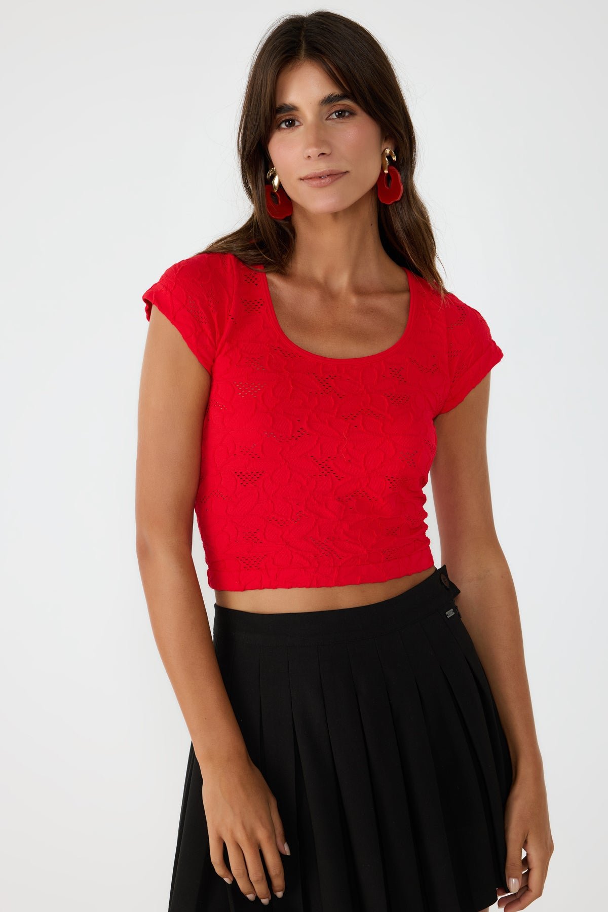 Rotes Spitzen Kurzarm Crop Top