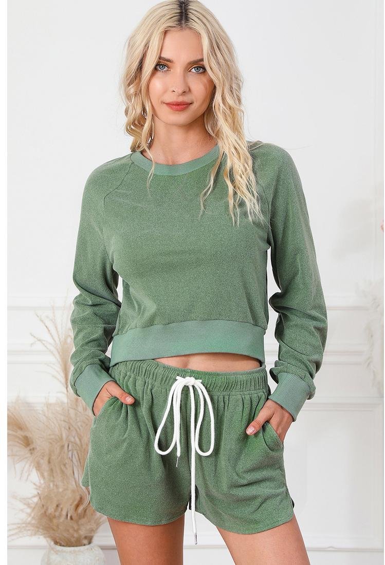 Thumbnail - Langarmeliges Oberteil mit Rundhalsausschnitt und Shorts mit Kordelzug Lounge-Set