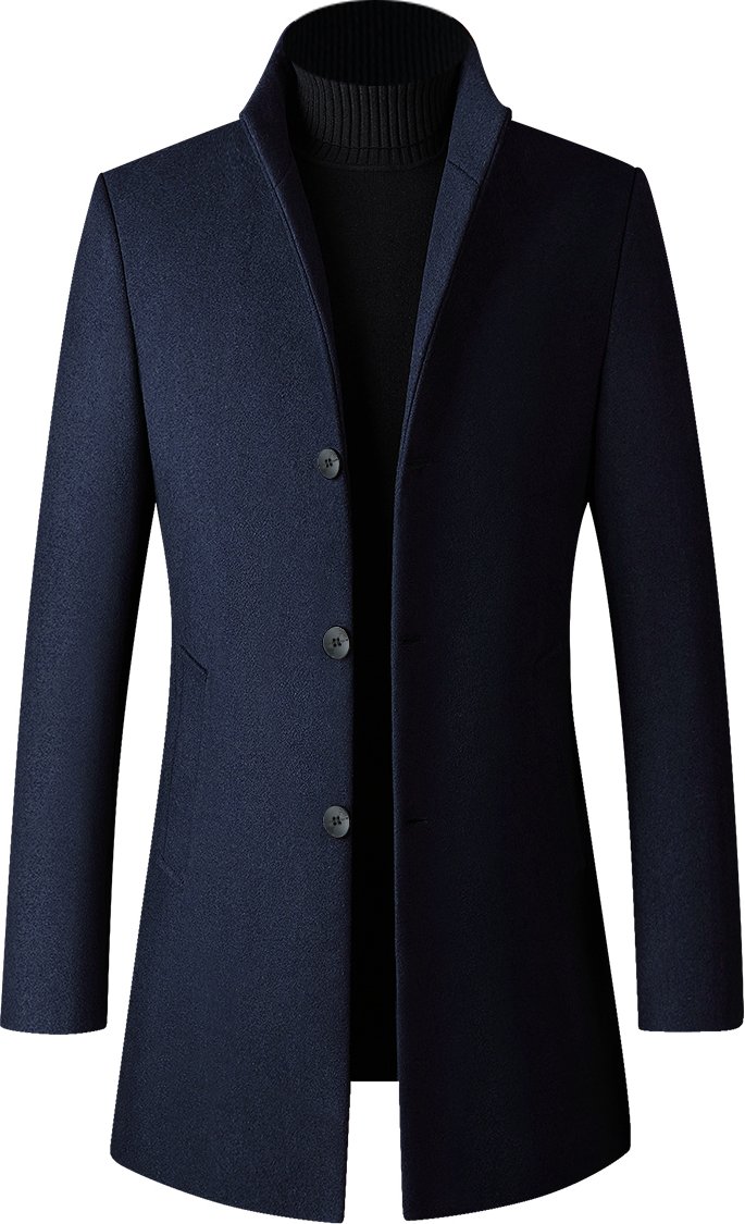 Herren Wollmantel Lang Slim Fit Stehkragen Business Mantel für den Winter Blau
