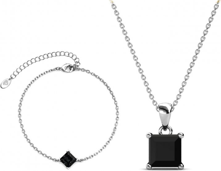 Einfaches quadratisches Handschellen-Set - Silber und schwarzes Kristall