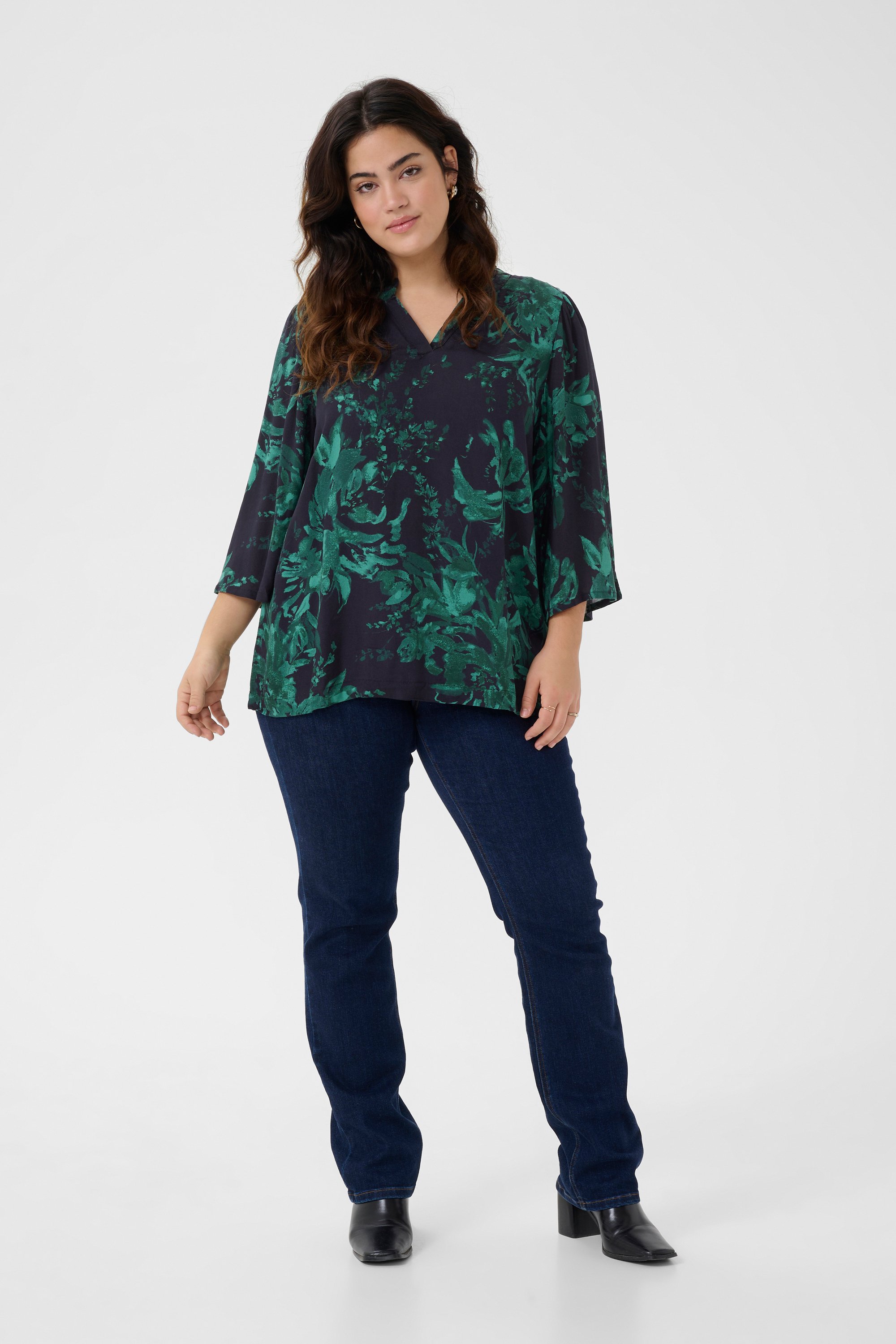 Kurzarm-Bluse A-shape Black/Green Painted Flower floral