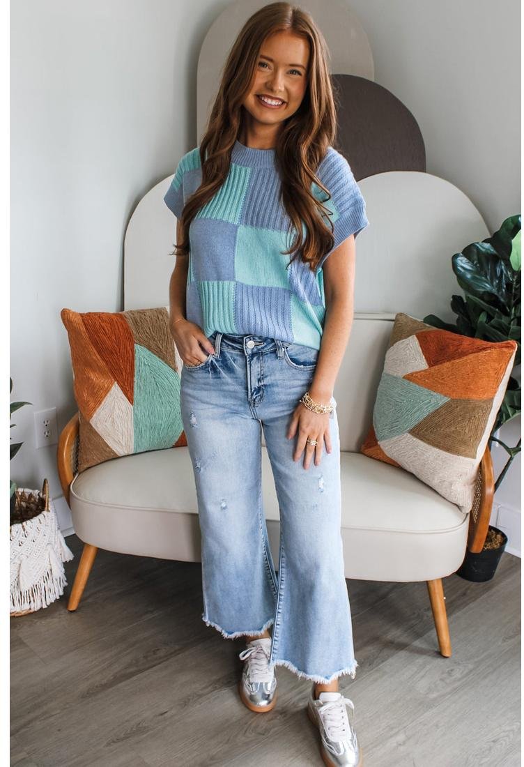 Thumbnail - Azura Exchange Hellblau Karierter Farbblock Rundhals Kurzarmpullover
