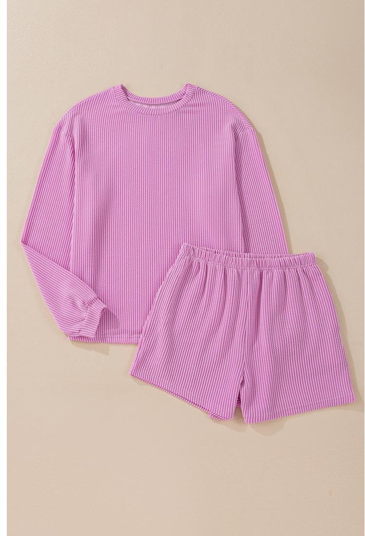 Thumbnail - Phalaenopsis Corded Strick Langarmtop und Hochbund-Shorts Set