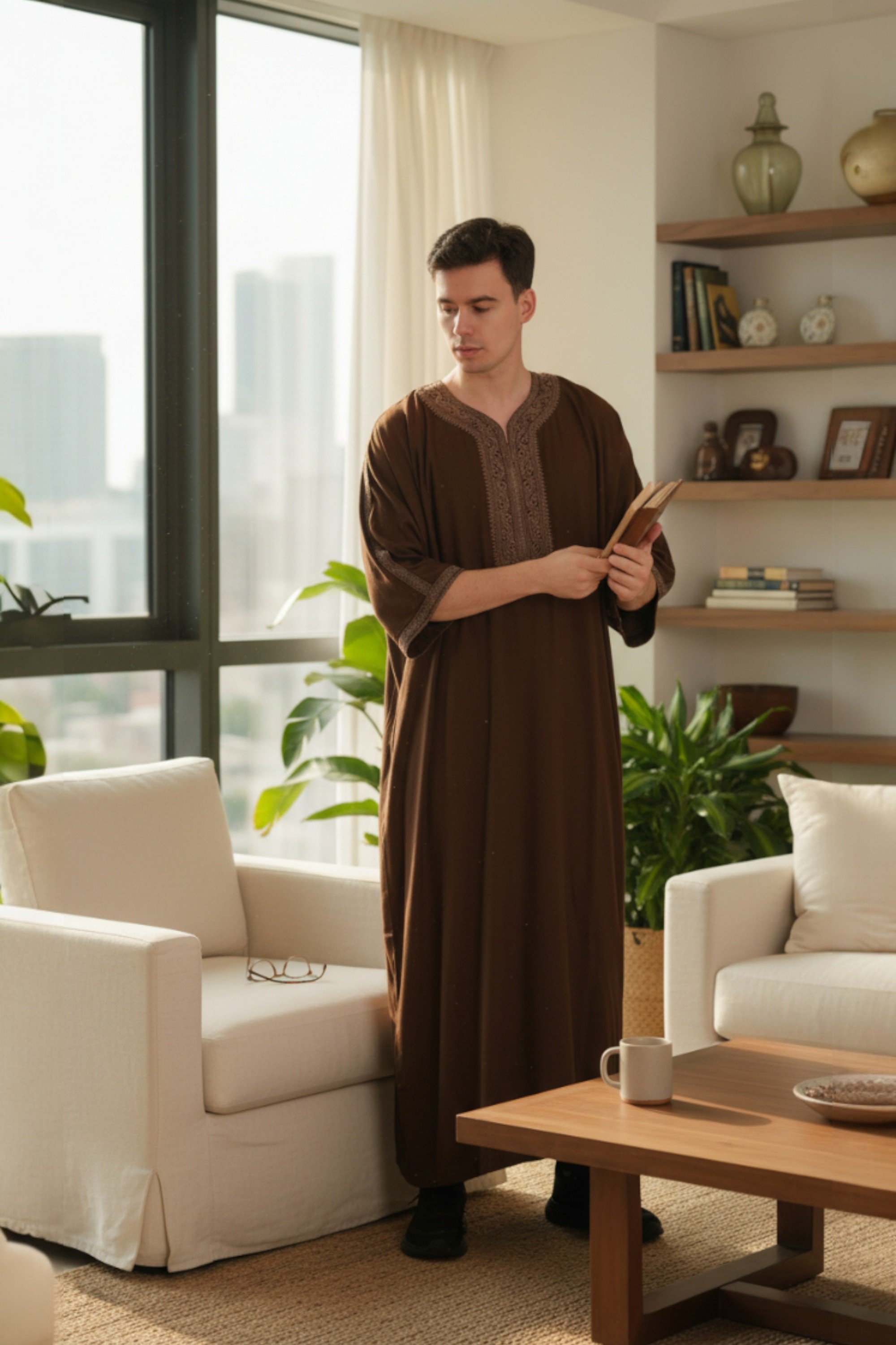 Braune Ramadan-Marokkanische Thobe-Robe für Herren Djellaba Gandoura Eid Jubba LFS-HM67