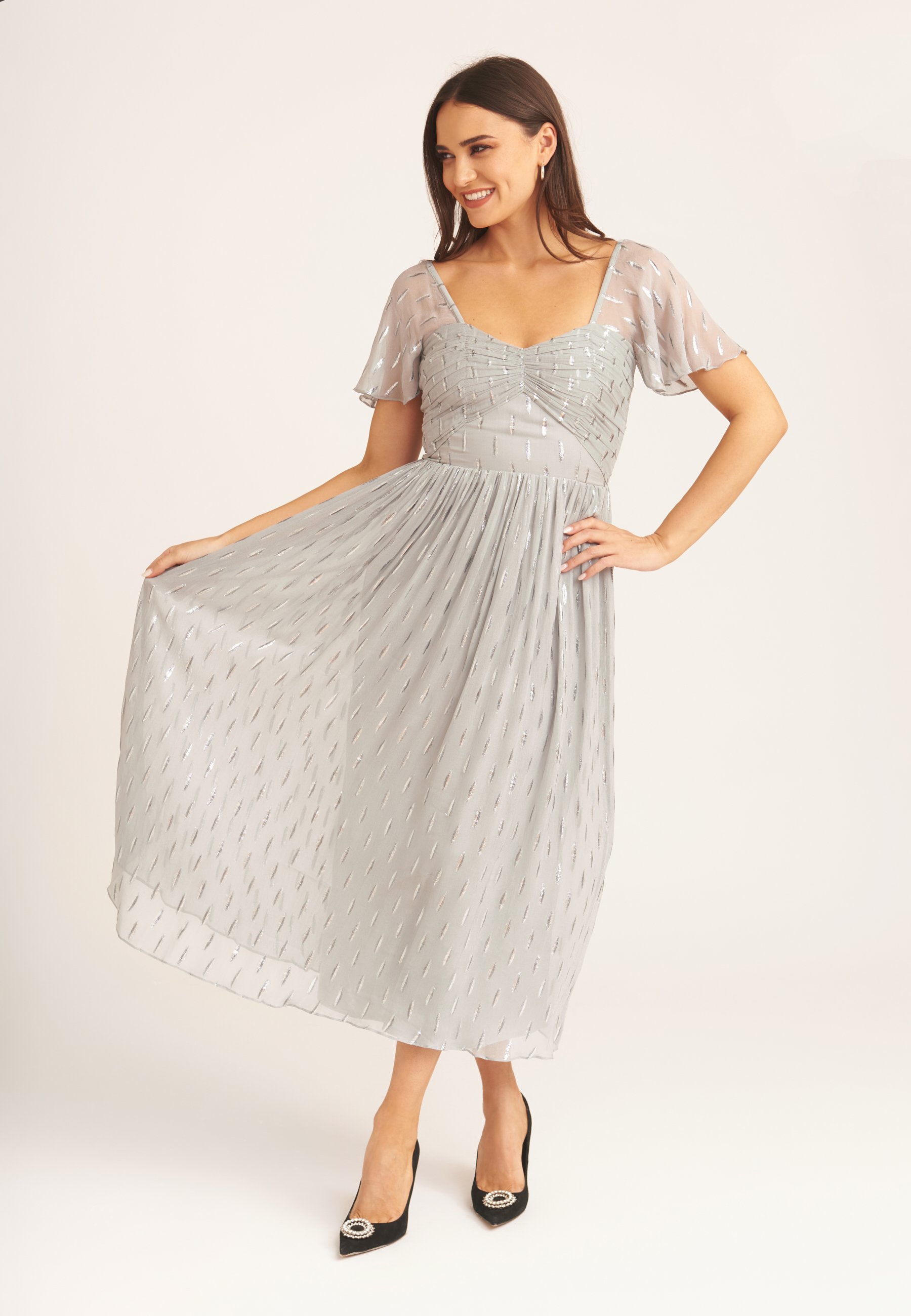 Jacquard Metallic Engelsärmel Midikleid