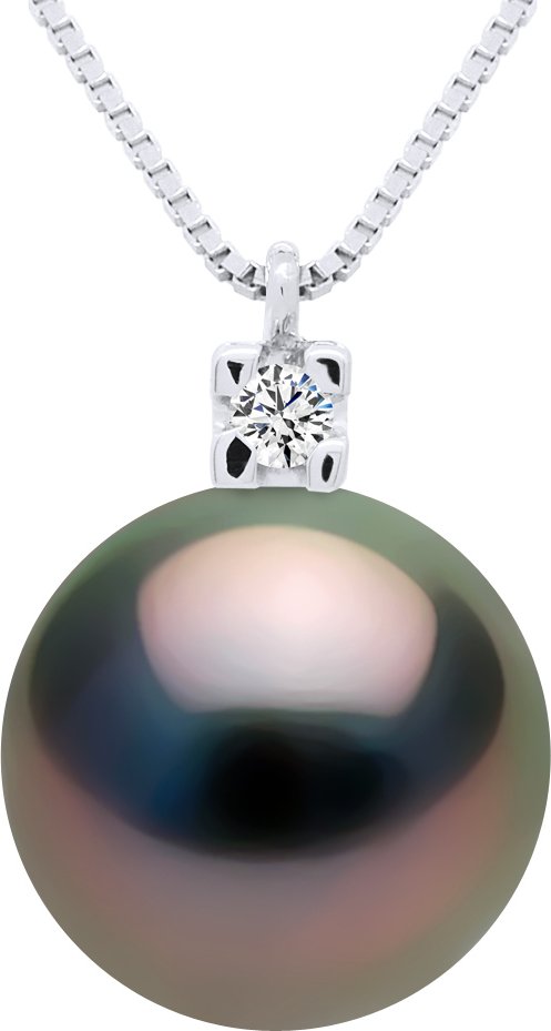 Halskette Schmuck Diamanten 0,03 cts – Echte Tahiti-Zuchtperle rund 9–10 mm