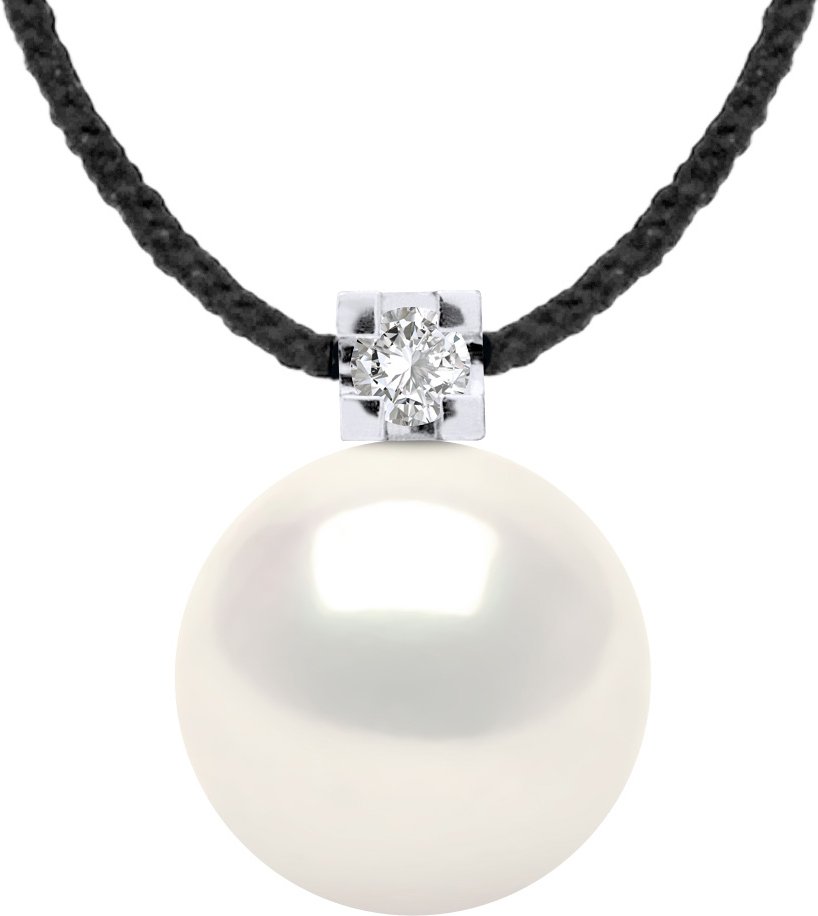 DIADEMA - Halskette - Schwarzes Nylon - Weiße Süßwasserperle und echter Diamant