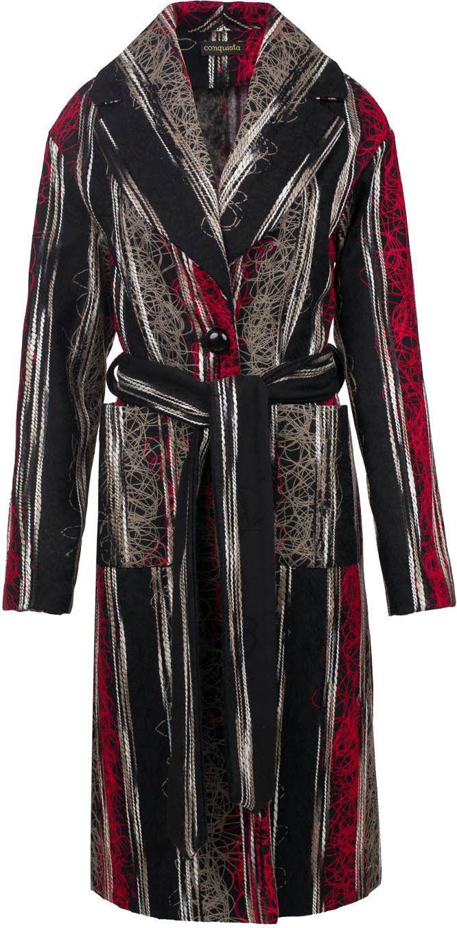 Langer Mantel aus Wollmischung im Jacquard-Stil mit Gürtel, mehrfarbig