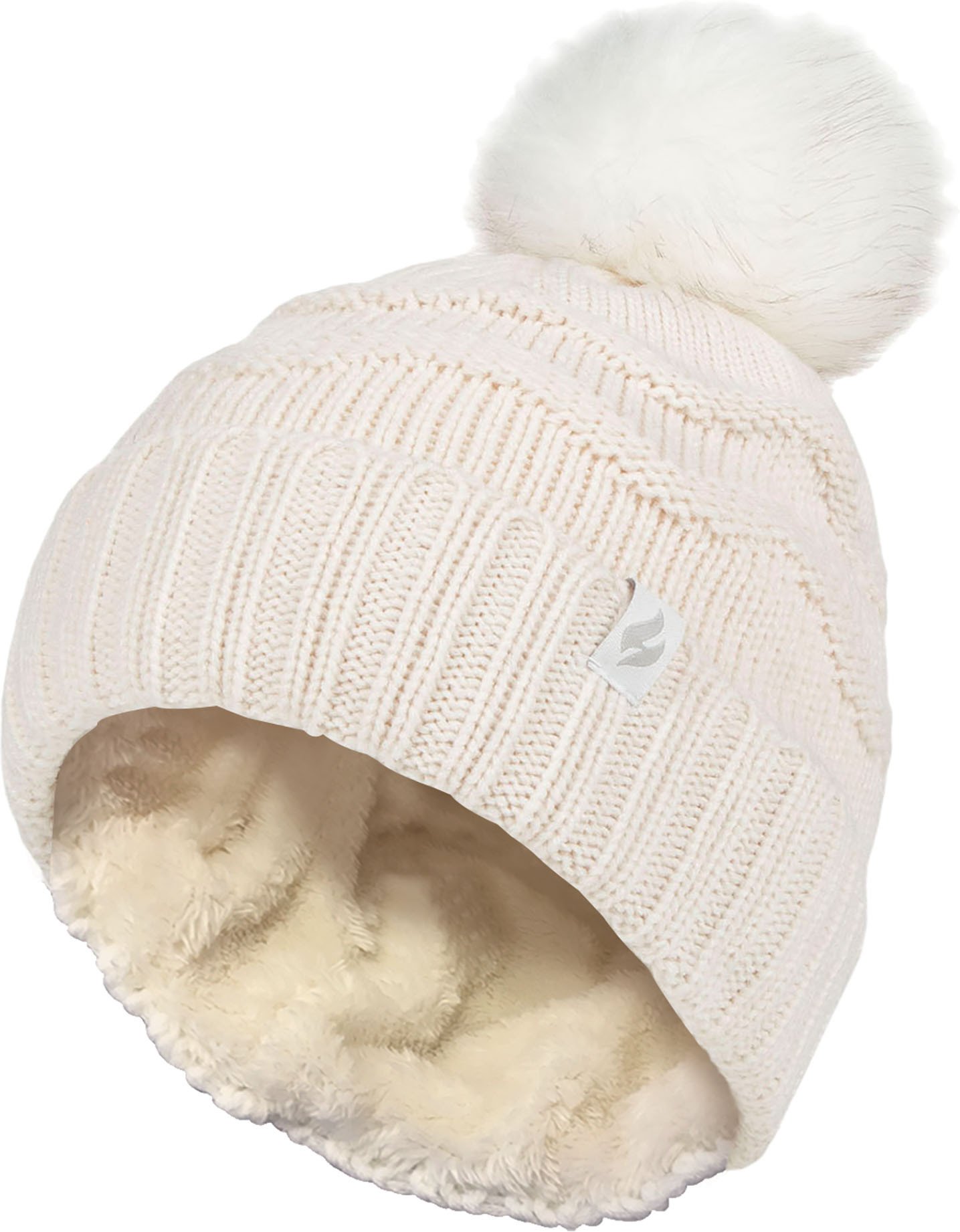 Thumbnail - Damen Winter Pelz Beanie Mütze | Wärmehalter | Zickzack gemusterte Pom Pom Hut | Womens Thermal Cuff Bobble Hat - Creme