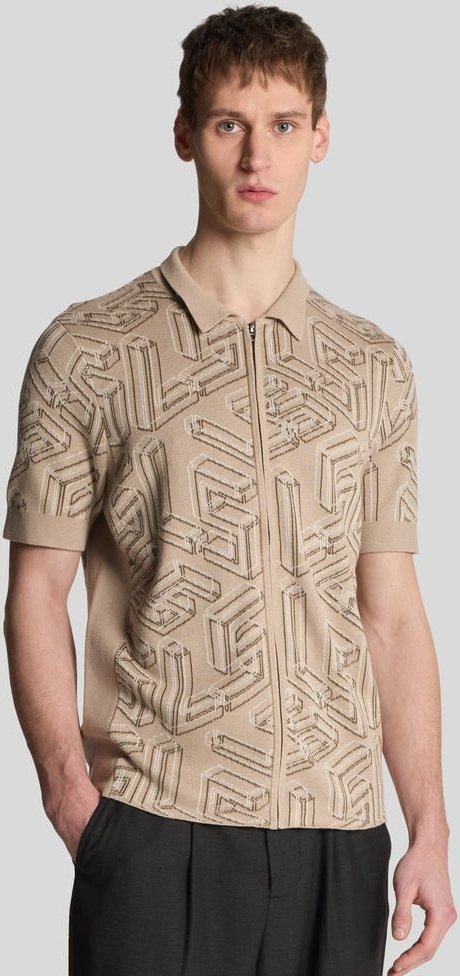 Lyle & Scott Emblem Doppelstrick-Poloshirt mit durchgehendem Reißverschluss – Beige