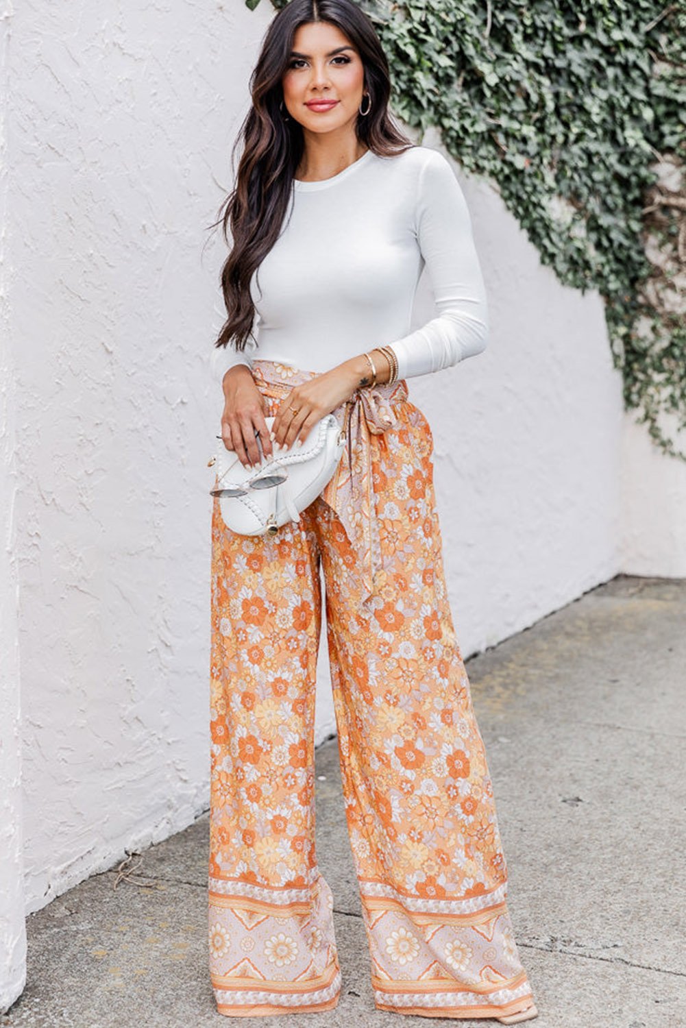 Grapefruit-Orange Taillierter Boho-Blumen-Hosen mit weitem Bein