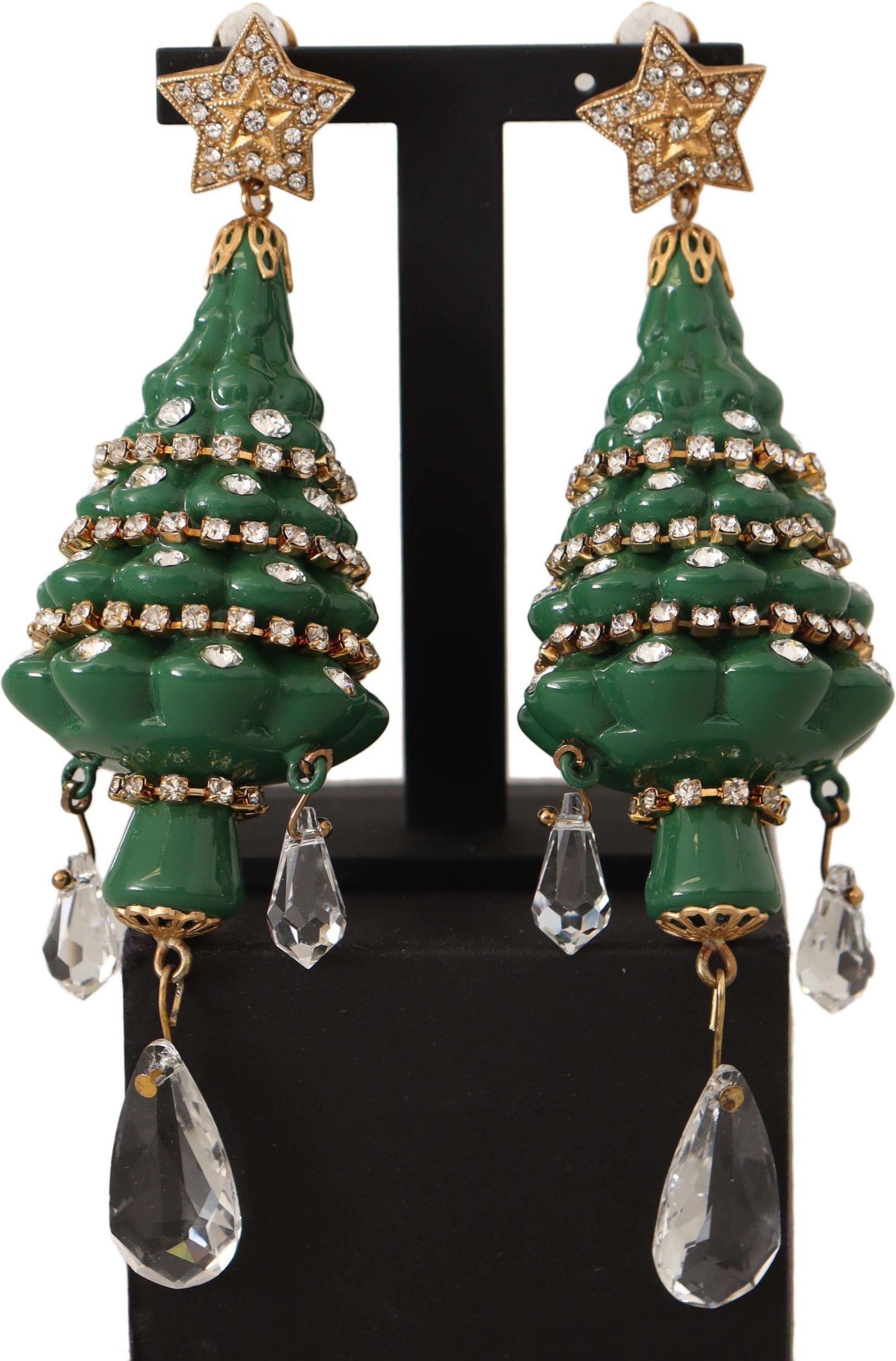 Dolce & Gabbana Damen Goldene Weihnachtsbaum Kristall Messing Clips Ohrringe