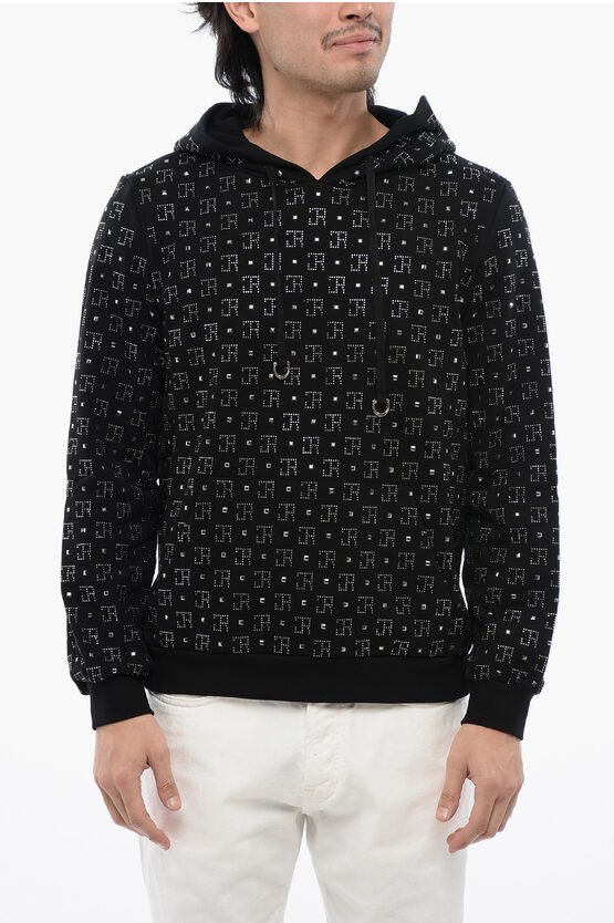 Hoodie aus gebürsteter Baumwolle mit kontrastierendem Strass-Logo in Schwarz