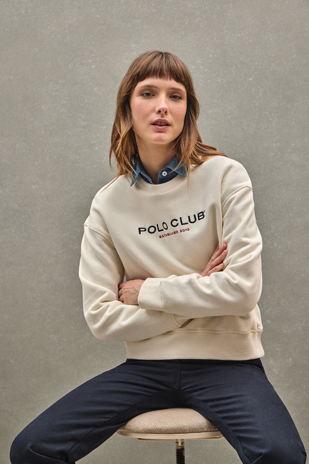 Sweatshirt ecru im Boxy Fit Established 2012 Polo Club
