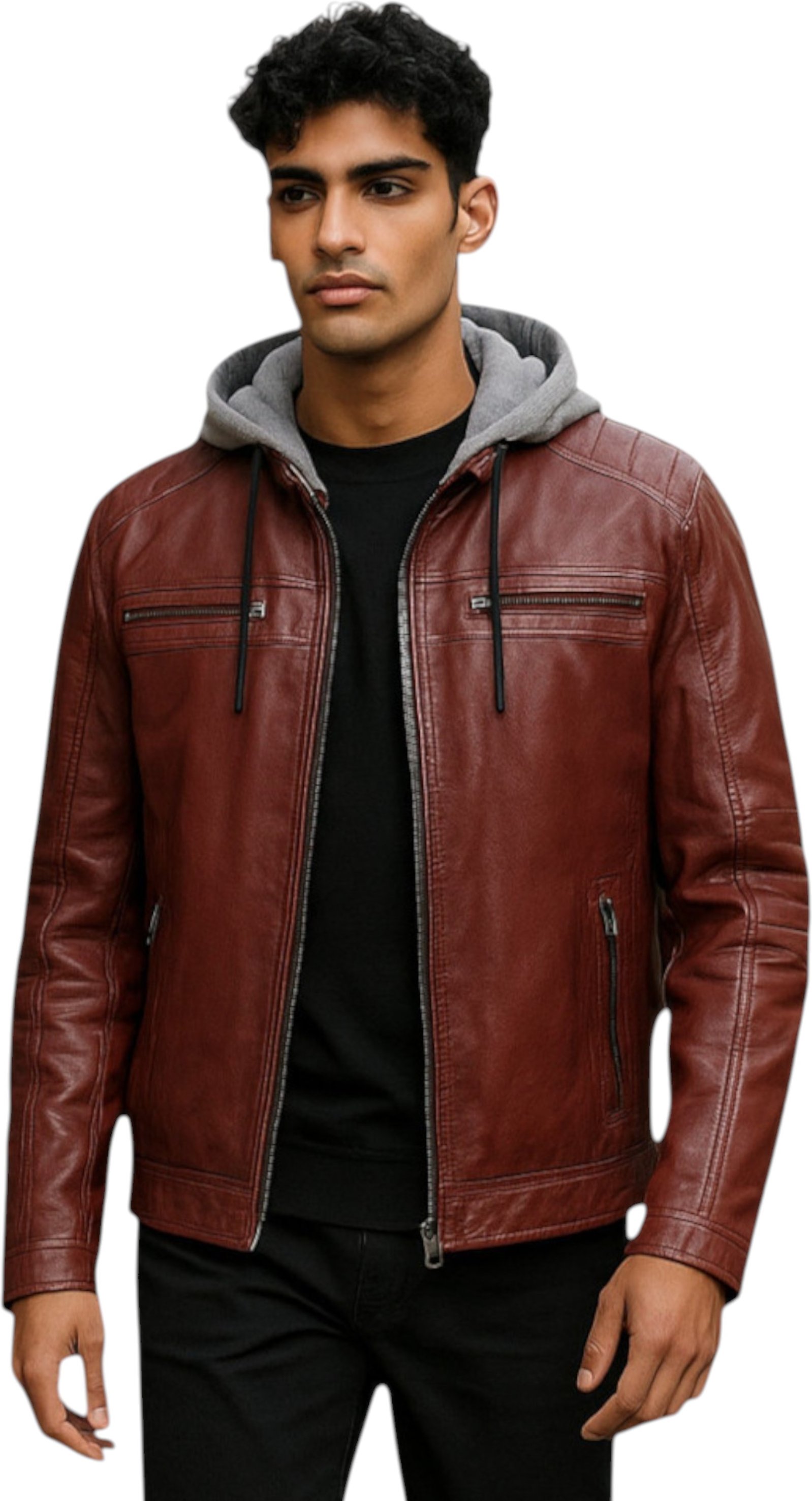 Herren Ox Red Kapuzenjacke aus burgunderrotem Biker-Lammleder - Ingham